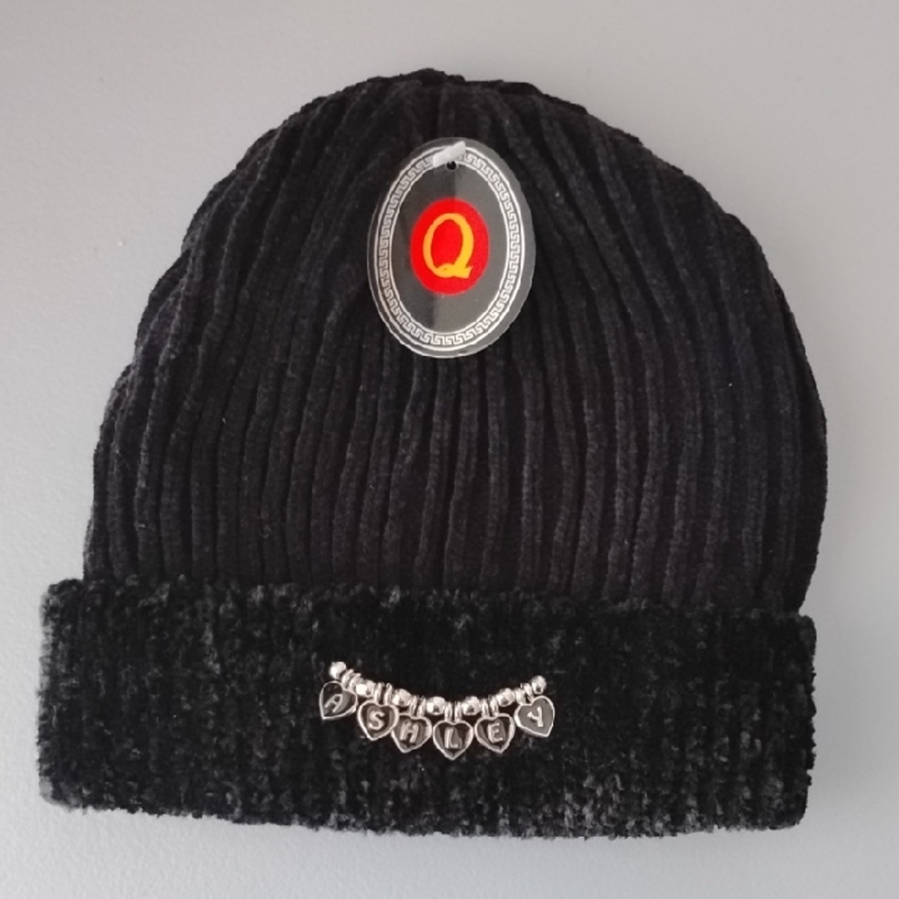 ASHLEY Black Beanie with Monogram Heart Charms